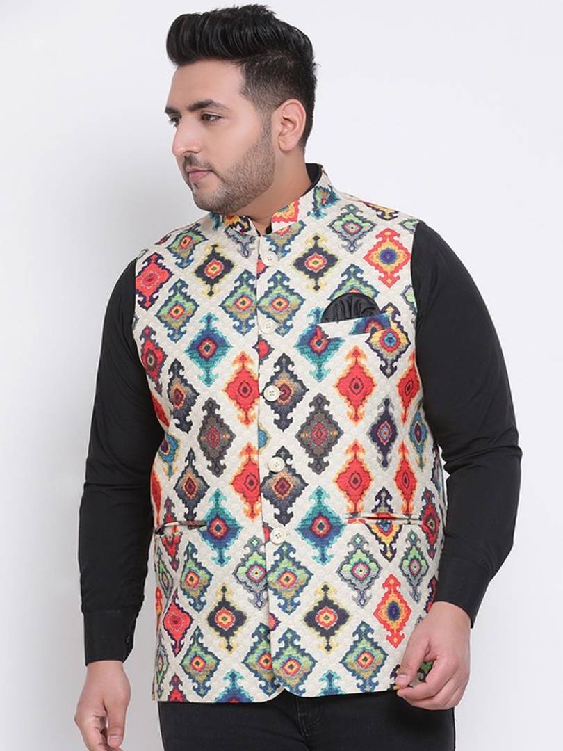 Men's Orange 
Cotton Blend
 Woven Design Nehru Jackets